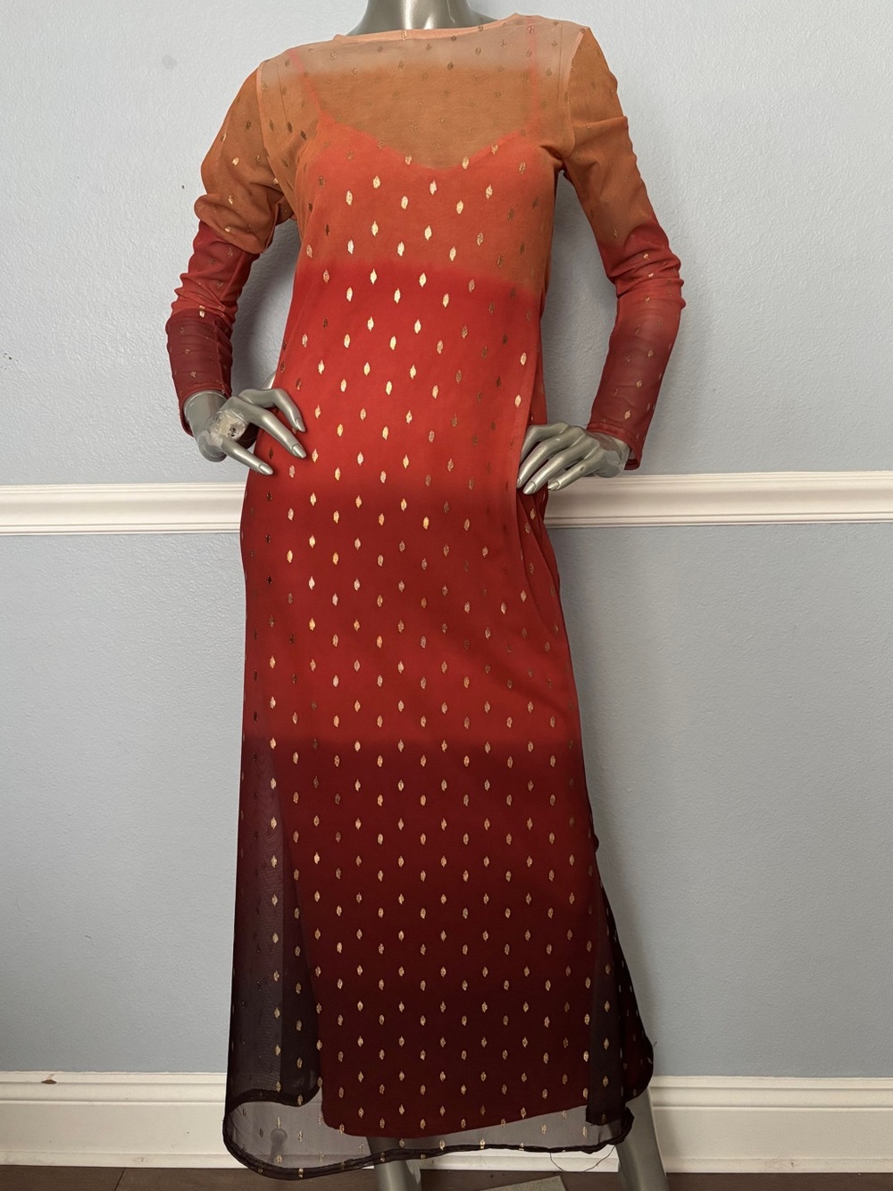 Never Fully Dressed Dress Nwt Sunset Mesh Long Sleeve Ombre Metallic US 6